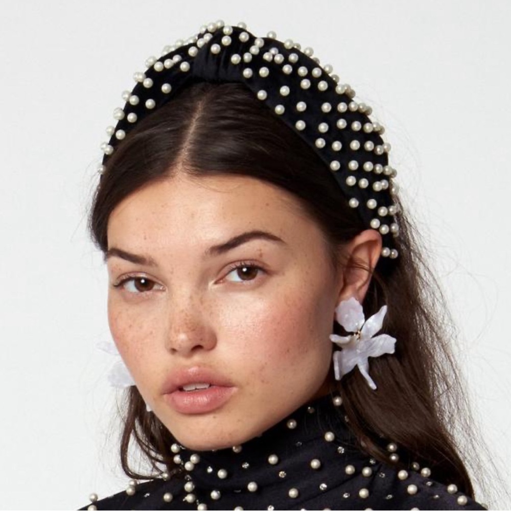 Handmade Faux Leather Knotted Headband with Faux Pearls - Blue